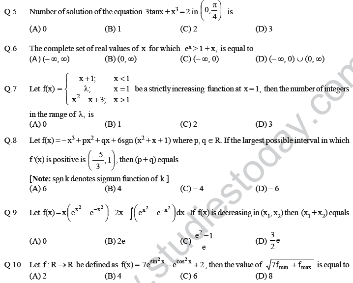 JEE Mathematics Application of Derivatives MCQs Set A-10