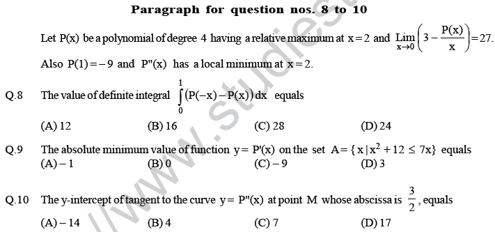 JEE Mathematics Application of Derivatives MCQs Set A-17