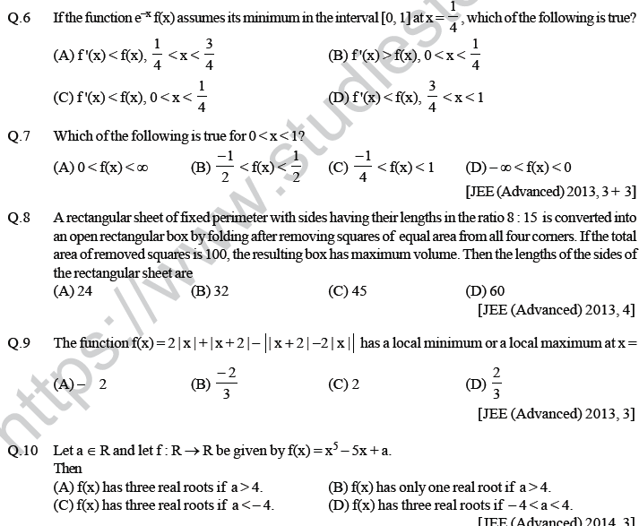 JEE Mathematics Application of Derivatives MCQs Set A-Max3