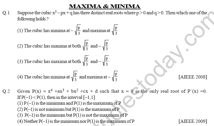 JEE Mathematics Application of Derivatives MCQs Set A-SecB-minima