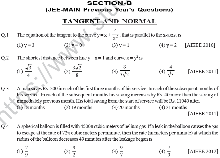 JEE Mathematics Application of Derivatives MCQs Set A-SecB