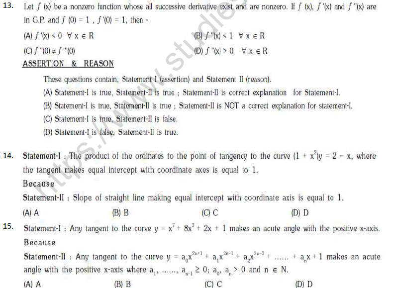 JEE Mathematics Application of Derivatives MCQs Set C-3