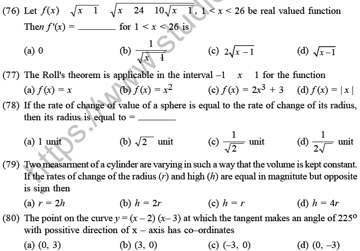 JEE Mathematics Application of Derivatives MCQs Set D-22