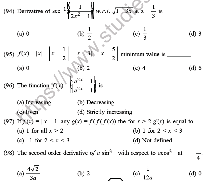 JEE Mathematics Application of Derivatives MCQs Set D-26