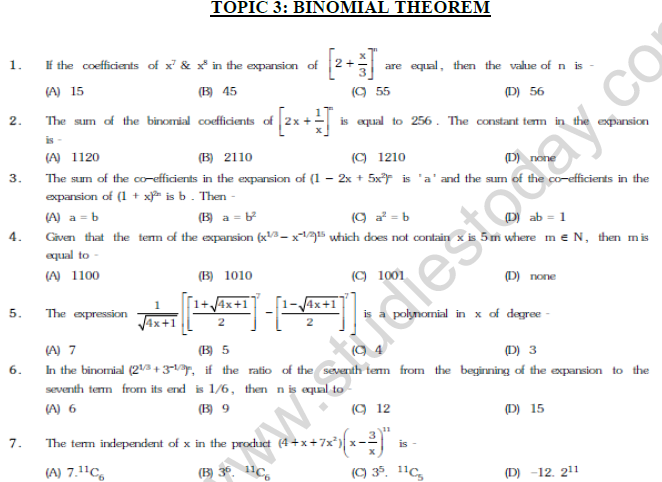 JEE Mathematics Binomial Theorem MCQs Set B-