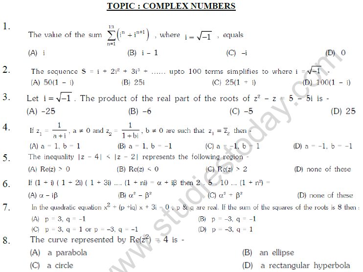 JEE Mathematics Complex Numbers MCQs Set B-
