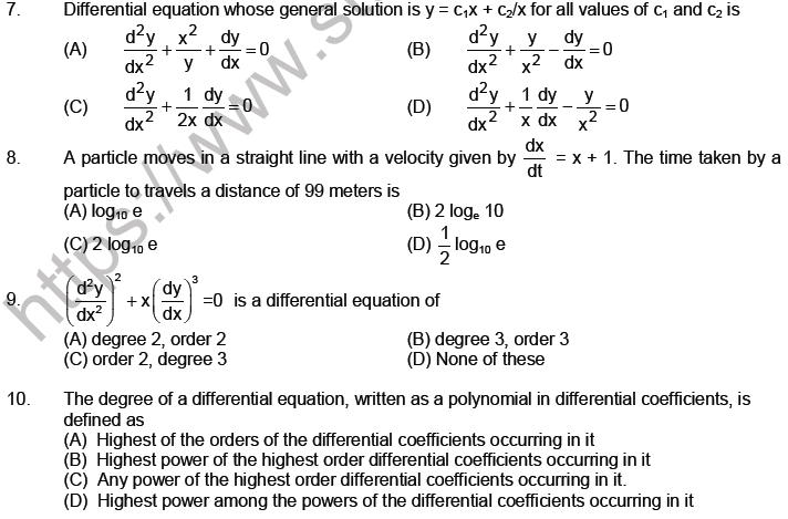 JEE Mathematics Differential Equations MCQs Set A-1