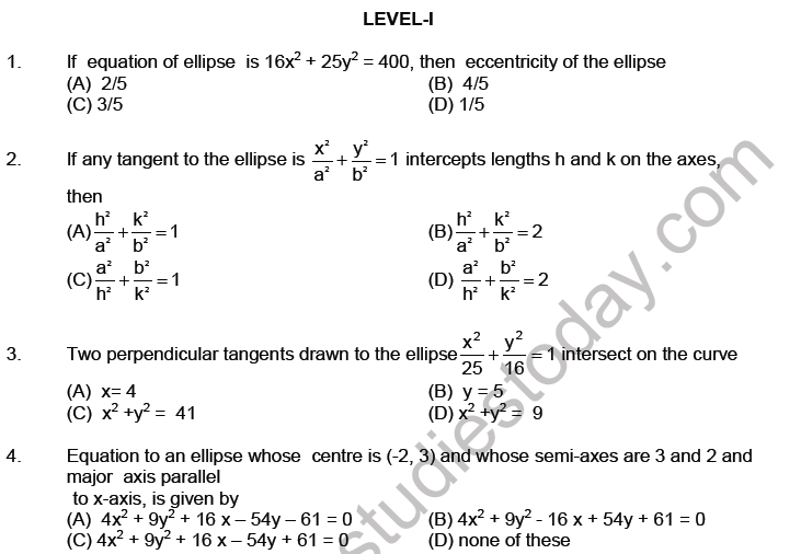 JEE Mathematics Ellipse MCQs Set A-