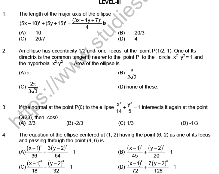 JEE Mathematics Ellipse MCQs Set A-Lev-3