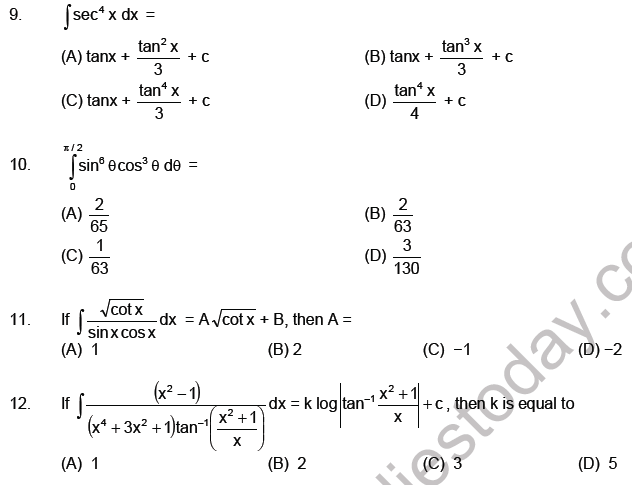 JEE Mathematics Indefinite Integrals MCQs Set A-2