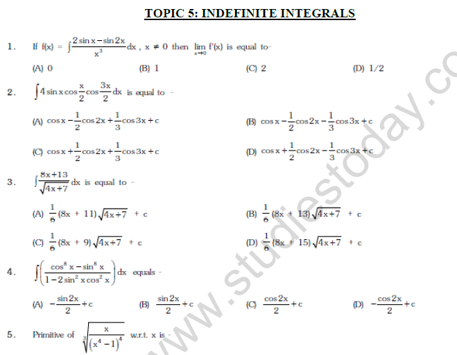 JEE Mathematics Indefinite Integrals MCQs Set B-