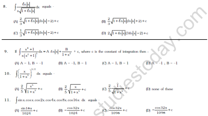 JEE Mathematics Indefinite Integrals MCQs Set B-2