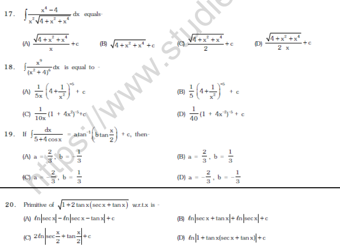 JEE Mathematics Indefinite Integrals MCQs Set B-5