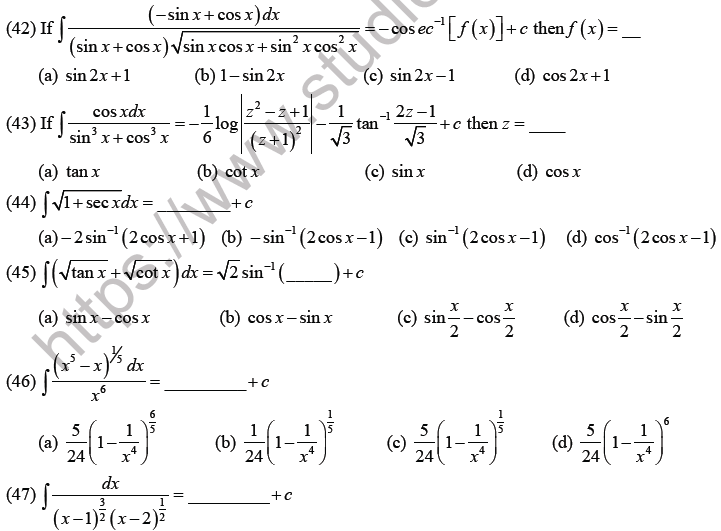 JEE Mathematics Indefinite Integrals MCQs Set C-11