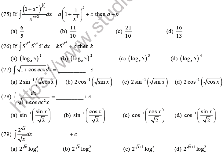 JEE Mathematics Indefinite Integrals MCQs Set C-19