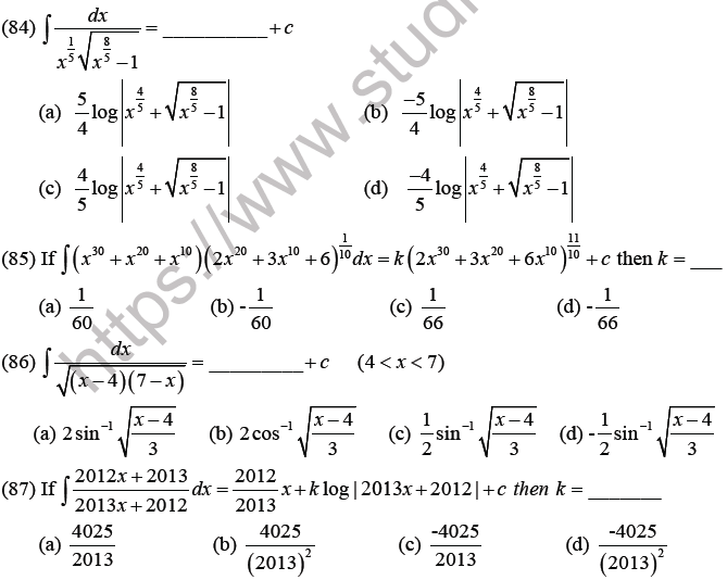 JEE Mathematics Indefinite Integrals MCQs Set C-21