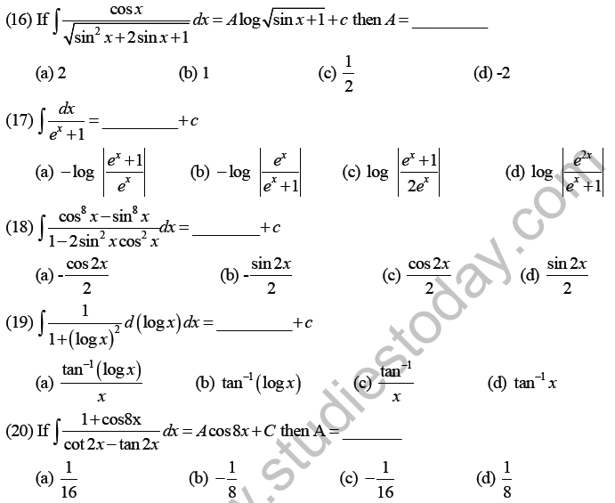 JEE Mathematics Indefinite Integrals MCQs Set C-4