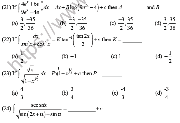 JEE Mathematics Indefinite Integrals MCQs Set C-5