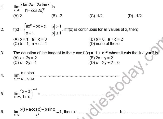 JEE Mathematics Limits Continuity and Differentiability MCQs Set A-