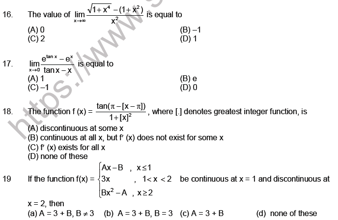 JEE Mathematics Limits Continuity and Differentiability MCQs Set A-3