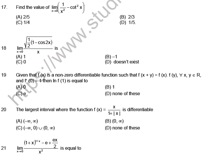 JEE Mathematics Limits Continuity and Differentiability MCQs Set A-Lev3-2