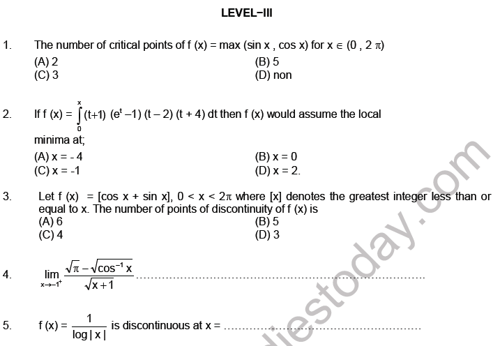 JEE Mathematics Limits Continuity and Differentiability MCQs Set A-Lev3