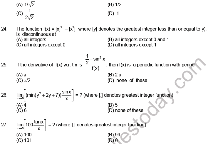 JEE Mathematics Limits Continuity and Differentiability MCQs Set A-Level2-3