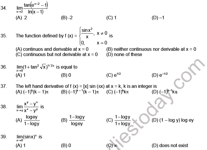 JEE Mathematics Limits Continuity and Differentiability MCQs Set A-Level2-5