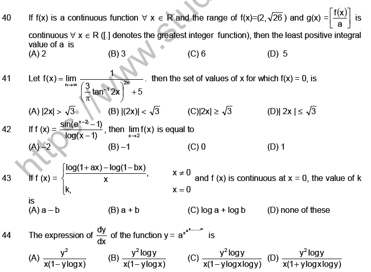 JEE Mathematics Limits Continuity and Differentiability MCQs Set A-Level2-6