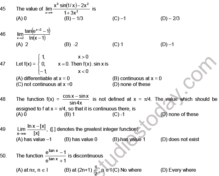 JEE Mathematics Limits Continuity and Differentiability MCQs Set A-Level2-7