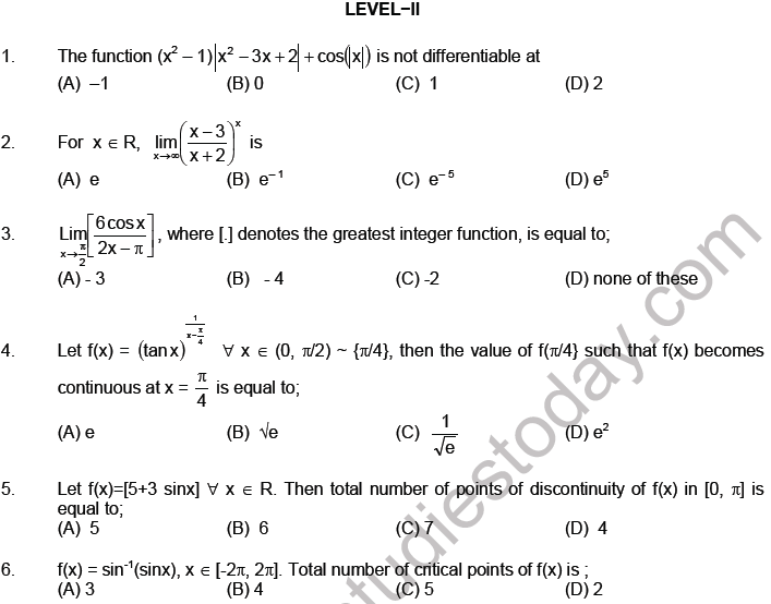 JEE Mathematics Limits Continuity and Differentiability MCQs Set A-Level2