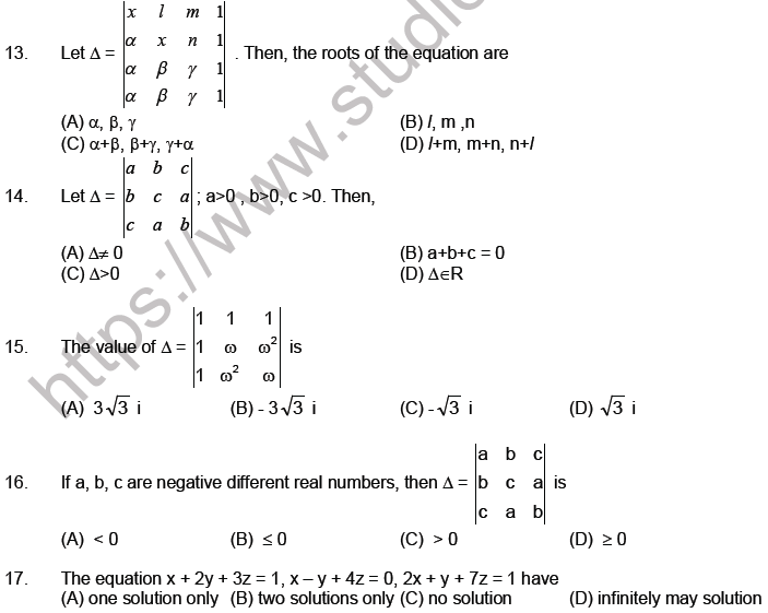 JEE Mathematics Matrices and Determinants MCQs Set A-3