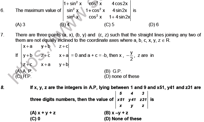 JEE Mathematics Matrices and Determinants MCQs Set A-L2-