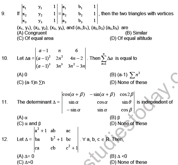 JEE Mathematics Matrices and Determinants MCQs Set A-L2-1