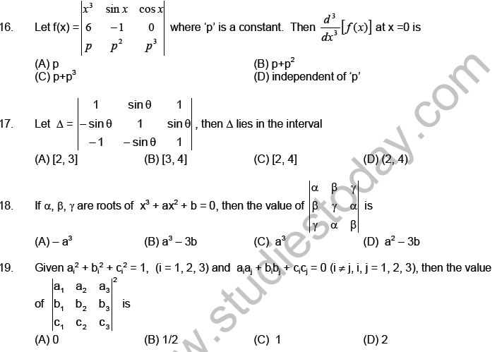 JEE Mathematics Matrices and Determinants MCQs Set A-L2-3