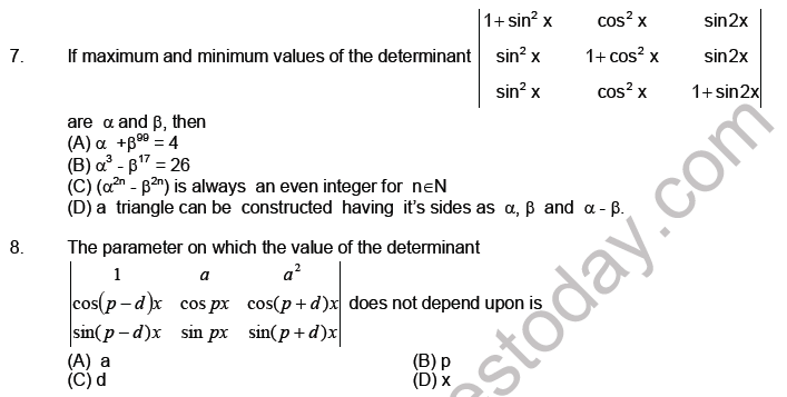 JEE Mathematics Matrices and Determinants MCQs Set A-L3-1