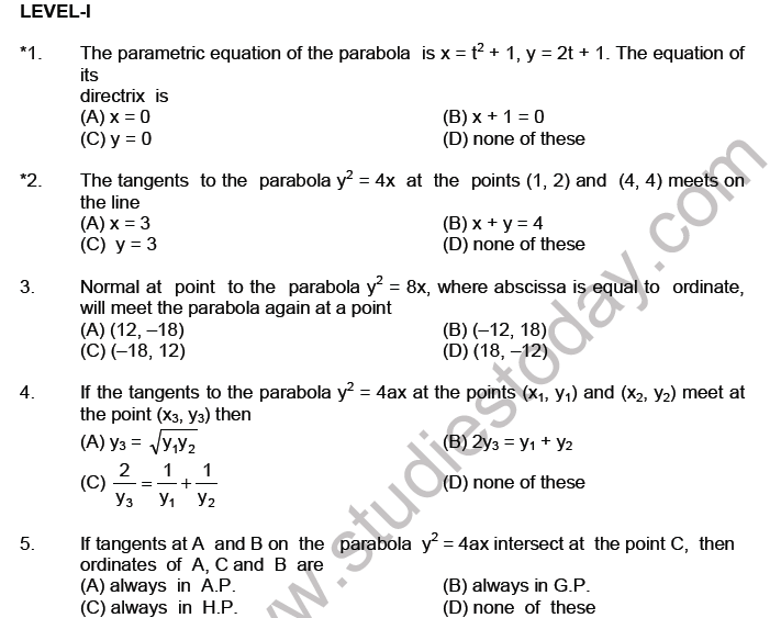 JEE Mathematics Parabola MCQs Set A-