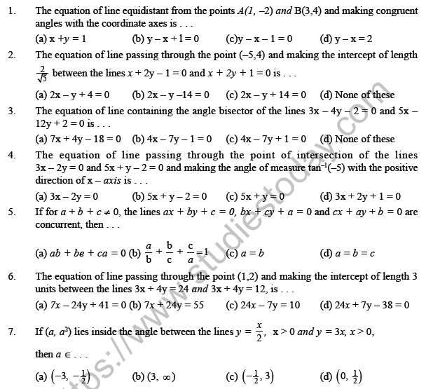 JEE Mathematics Straight Lines MCQs Set B