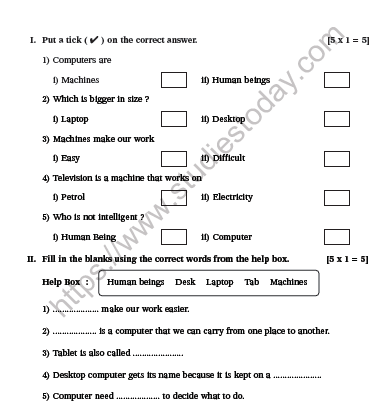 CBSE Class 1 Computer Practice Worksheet Set A