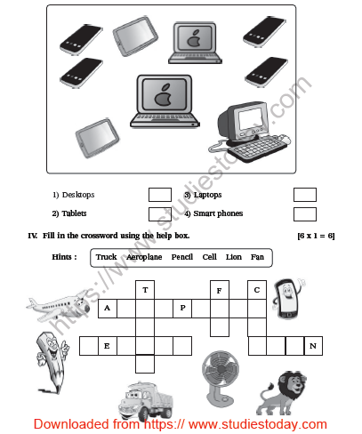 CBSE Class 1 Computer Practice Worksheet Set A