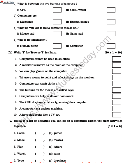 CBSE Class 1 Computer Practice Worksheet Set F
