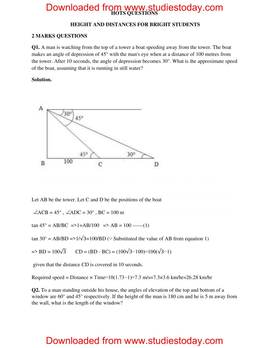 CBSE Class 10 Mathematics HOTs Trigonometry Set B-1