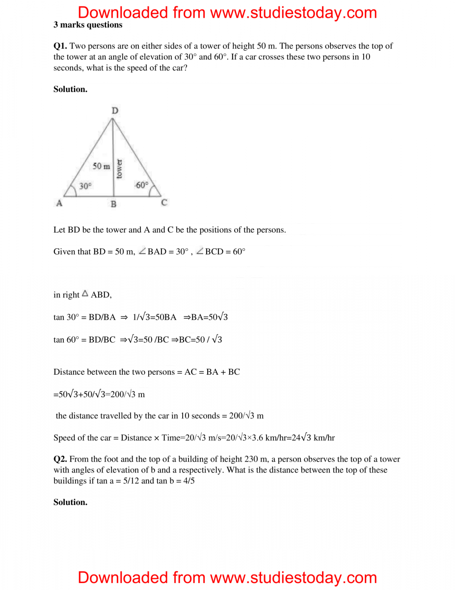 CBSE Class 10 Mathematics HOTs Trigonometry Set B-4