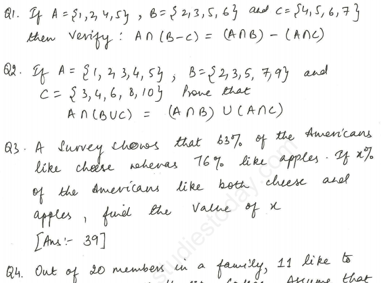 CBSE Class 11 Mathematics Set Theory Assignment Set B