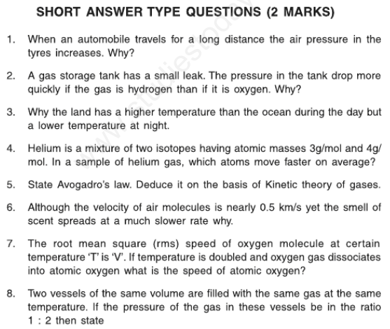 CBSE Class 11 Physics Behavior of Perfect Gas and Kinetic Theory of Gases Assignment