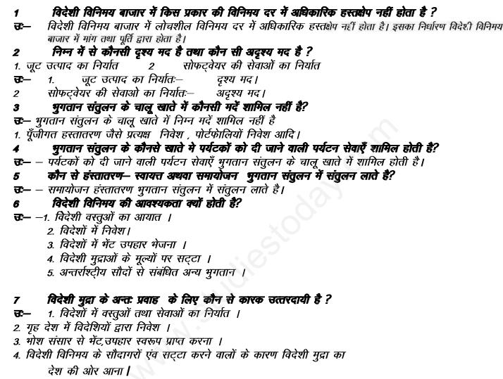 CBSE Class 12 Economics Balance of Payment Hindi Assignment