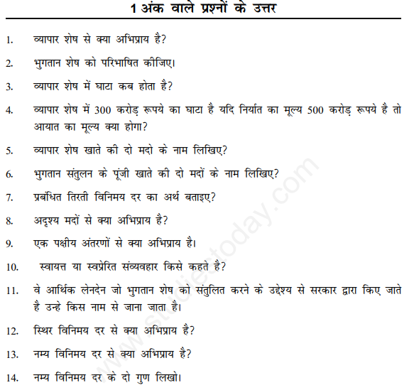 CBSE Class 12 Economics Balance of Payment and Foreign Exchange Rate Hindi Assignment