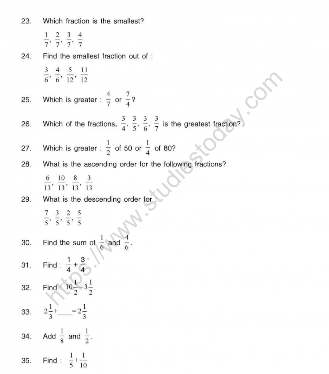 CBSE Class 5 Mental Maths Fractions Worksheet