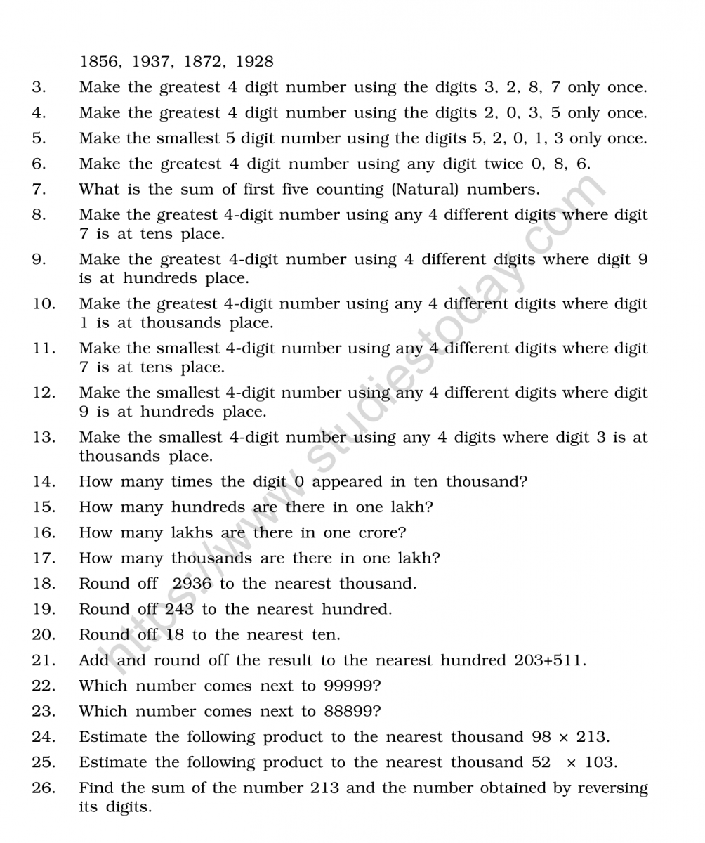 CBSE Class 20 Mental Maths Knowing Our Numbers Worksheet