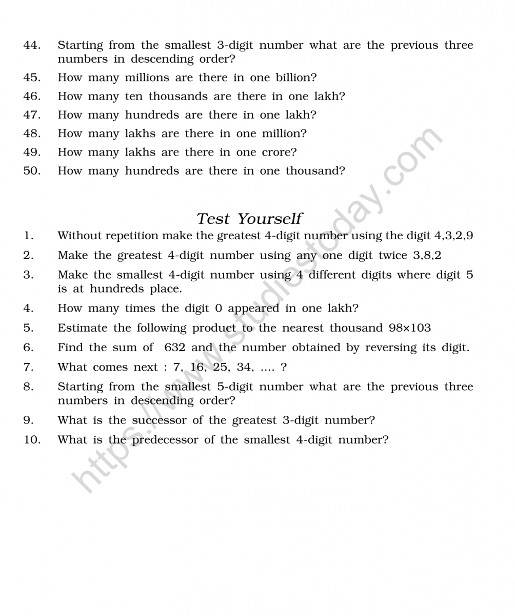 CBSE Class 20 Mental Maths Knowing Our Numbers Worksheet